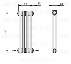 Схема (чертеж) Радиатор Zehnder Charleston 2075/4 №2670 Белый глянцевый RAL 9016